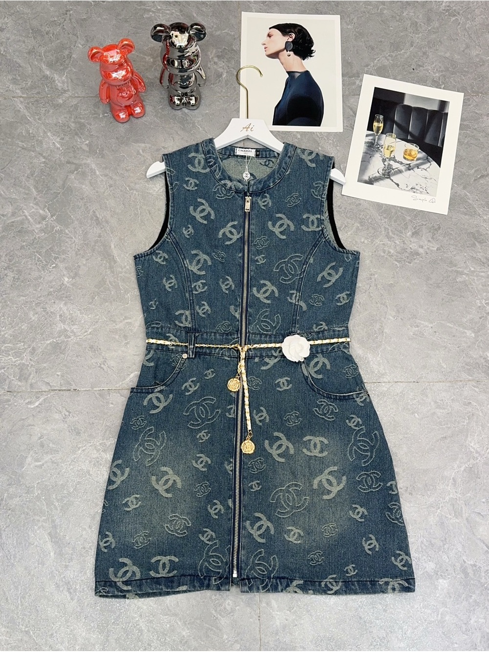 CHANEL Dark Blue Denim Logo Zip-Front Mini Dress with Gold-Tone Rope Belt - Picture 1 of 9